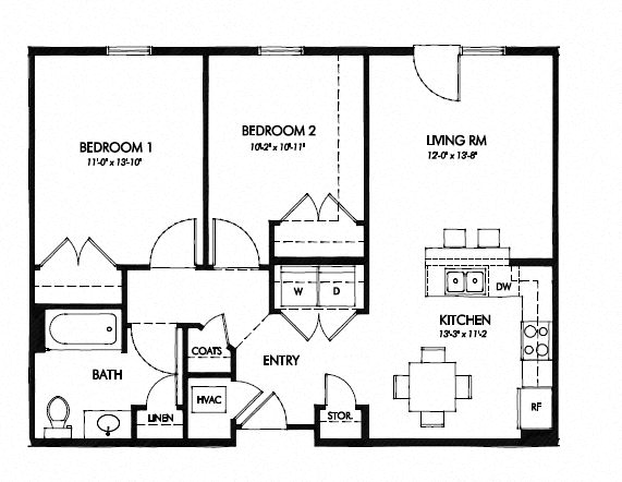 Floor plan for 2 beds, 1 bath, 886 sqft